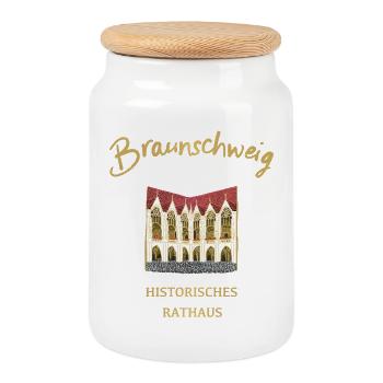 Hôtel de ville historique de Braunschweig, Basse-Saxe - Boîte à biscuits avec couvercle en bois - blanc - Devant