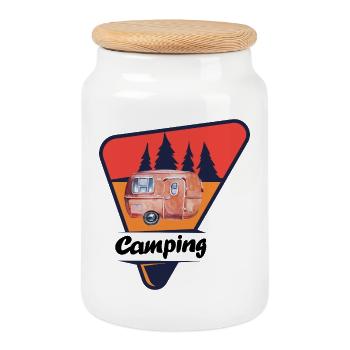 Caravane rétro en forêt - Boîte à biscuits avec couvercle en bois - blanc - Devant