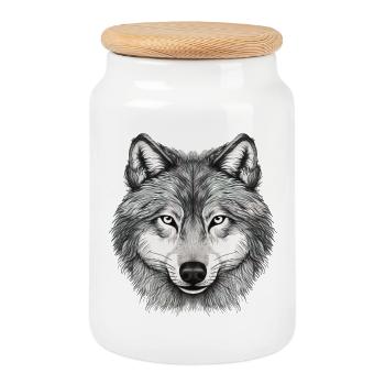 Wolfskopf, gezeichnetes Kunstwerk - Keksdose mit Holzdeckel - Weiß - Vorne