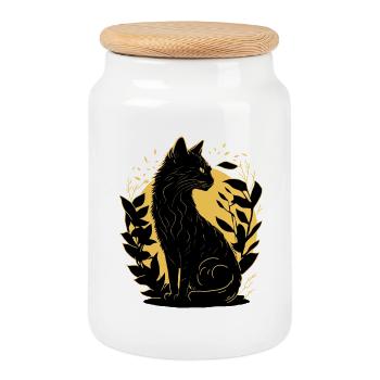 Cat silhouette - Cookie Jar with Wooden Lid - white - Front