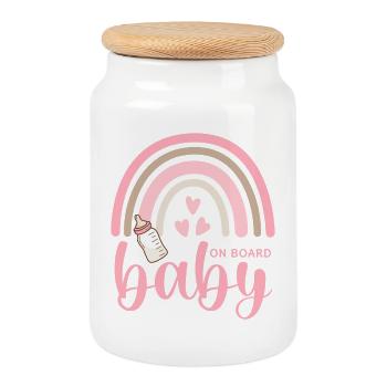 Boho Regenbogen Herzen Babyflasche Baby on Board - Keksdose mit Holzdeckel - Weiß - Vorne