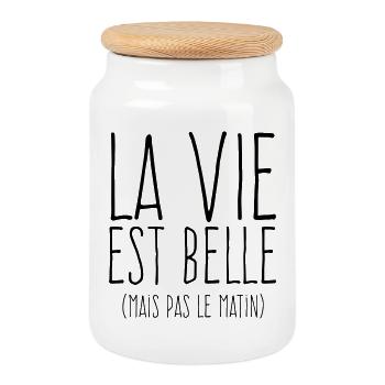 La vie est belle - Humour Matin - Boîte à biscuits avec couvercle en bois - blanc - Devant