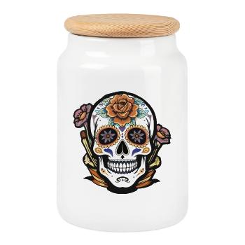 Blumen Zucker Schädel Tattoo Design - Keksdose mit Holzdeckel - Weiß - Vorne