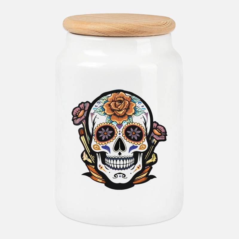 Blumen Zucker Schädel Tattoo Design - Keksdose mit Holzdeckel - Weiß