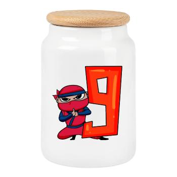 9 ans anniversaire garçon ninja - j’ai 9 ans - Boîte à biscuits avec couvercle en bois - blanc - Devant