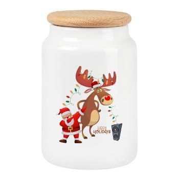 Dabbing Santa, Rudolph and Christmas Lights - Cookie Jar with Wooden Lid - white - Front