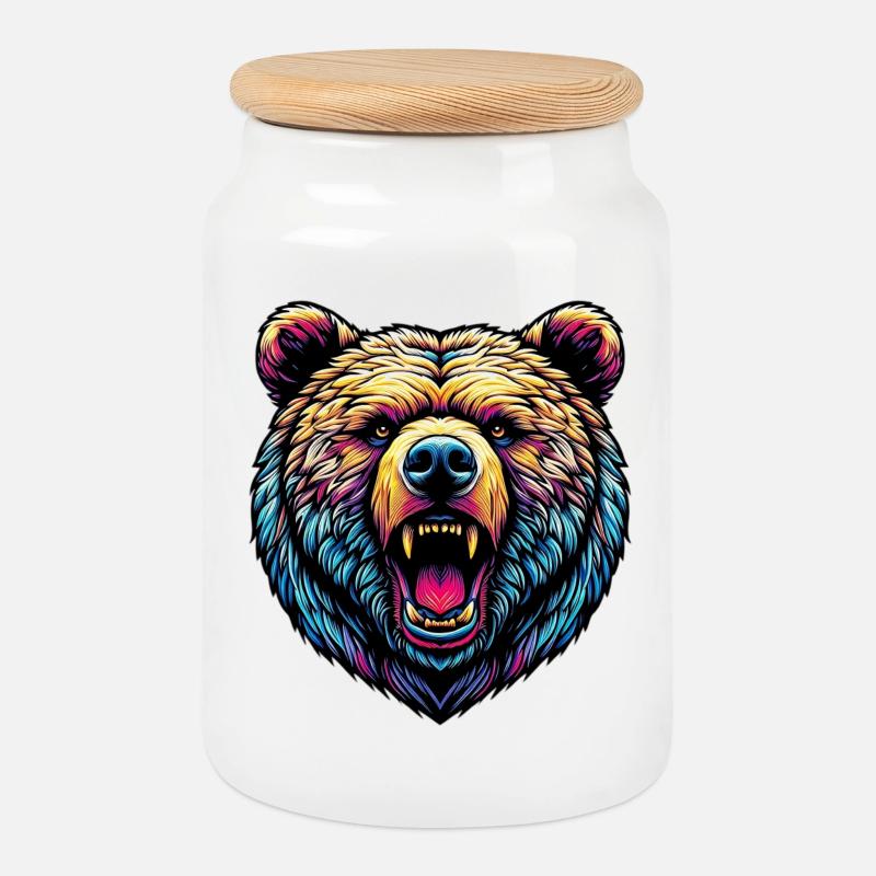 Angry Ferocious Bear - Cookie Jar with Wooden Lid - white