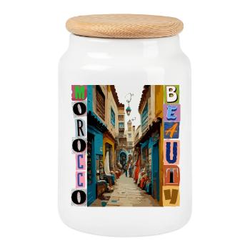 Colorful Street View with Ruins - Cookie Jar with Wooden Lid - white - Front