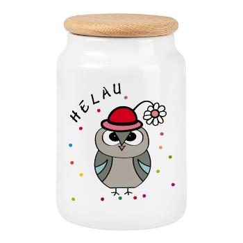 Helau Carnival Owl - Cookie Jar with Wooden Lid - white - Front