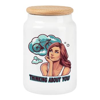 Dreaming of Adventure Bicycle Design - Cookie Jar with Wooden Lid - white - Front