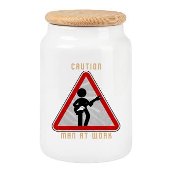 Caution MAN at work - Cookie Jar with Wooden Lid - white - Front