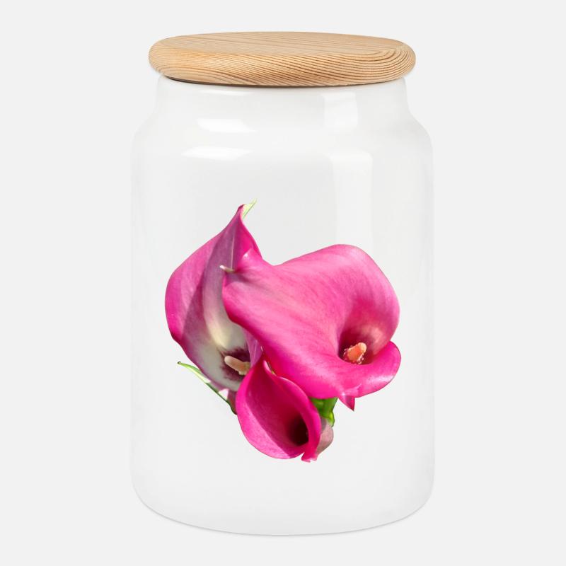 Pink Calla Blütentrio - Keksdose mit Holzdeckel - Weiß