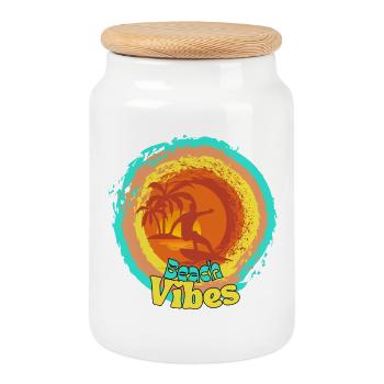 Beach Surfing Sunset Design - Cookie Jar with Wooden Lid - white - Front