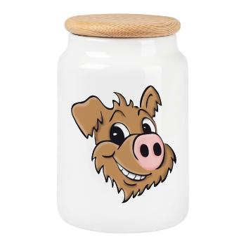 Chien cochon - souriant - Boîte à biscuits avec couvercle en bois - blanc - Devant