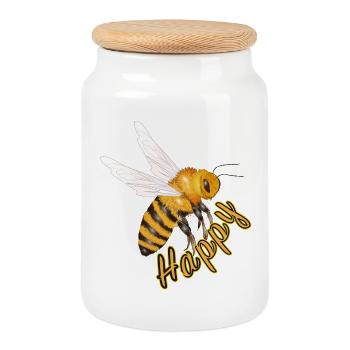 yellow Happy lettering with hand-drawn bee - Cookie Jar with Wooden Lid - white - Front