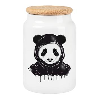witziger Panda Bär Kopf mit Hoodie Kapuze - Keksdose mit Holzdeckel - Weiß - Vorne
