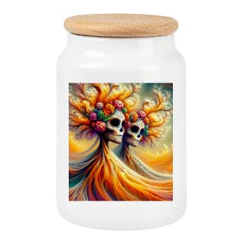 Fancy Floral Skeleton - Cookie Jar with Wooden Lid - white - Front