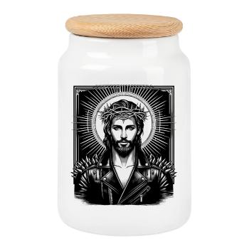 Jesus Christus mit stylischer Frisur & Lederjacke - Keksdose mit Holzdeckel - Weiß - Vorne