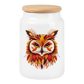 beau hibou, conçu à partir de différentes feuilles - Boîte à biscuits avec couvercle en bois - blanc - Devant