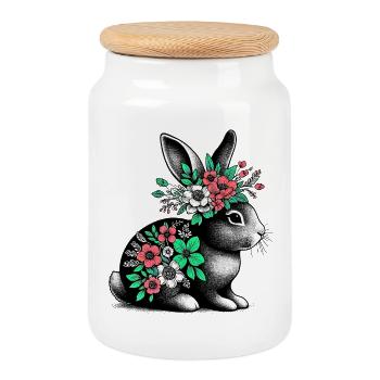 Lapin aux fleurs - Boîte à biscuits avec couvercle en bois - blanc - Devant