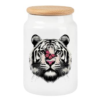 Tiger und Schmetterling - Keksdose mit Holzdeckel - Weiß - Vorne