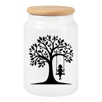 Motif de silhouette d’une fille sur la balançoire - Boîte à biscuits avec couvercle en bois - blanc - Devant