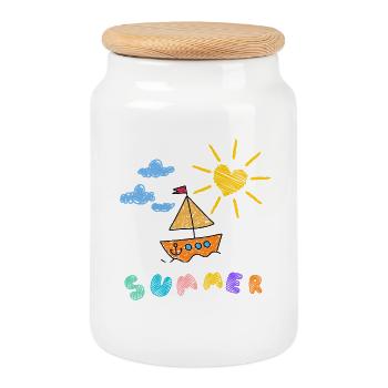 Summer Boat Children's Art Style - Cookie Jar with Wooden Lid - white - Front