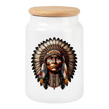 Amerikanischer Indianer Amerikaner - Keksdose mit Holzdeckel - Weiß - Vorne