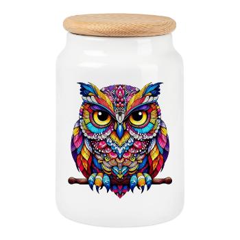 Owl - Cookie Jar with Wooden Lid - white - Front