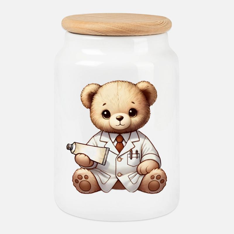 süßer Kuscheltier Teddy Apotheker mit Salbe - Keksdose mit Holzdeckel - Weiß