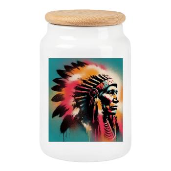 American Indian American - Cookie Jar with Wooden Lid - white - Front