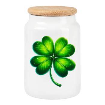 Four-leaf clover - Cookie Jar with Wooden Lid - white - Front