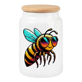 Bee - Cookie Jar with Wooden Lid - white - Front