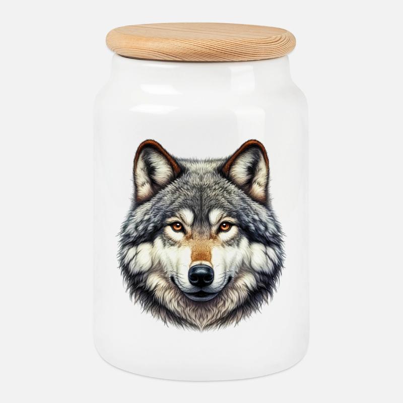 Wolf - Cookie Jar with Wooden Lid - white