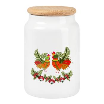 Coq avec poule - Boîte à biscuits avec couvercle en bois - blanc - Devant
