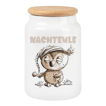 Drollige Nachteule Eule - Keksdose mit Holzdeckel - Weiß - Vorne