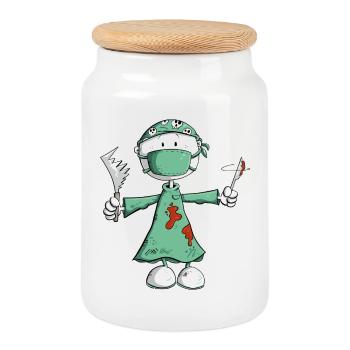 Doctor Surgeon Stick Figure Professions Cartoon - Cookie Jar with Wooden Lid - white - Front