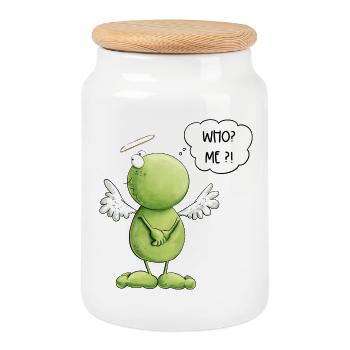 Frog Angel Innocence Who Me Saying - Cookie Jar with Wooden Lid - white - Front