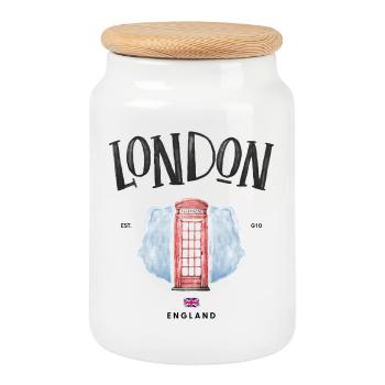 London Red Phone Booth Watercolor - Cookie Jar with Wooden Lid - white - Front