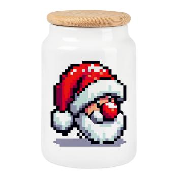 Rote Nase, Pixel-Charme: Weihnachtsmann - Keksdose mit Holzdeckel - Weiß - Vorne
