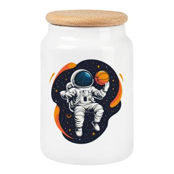Astronaut spielt Basketball im Weltraum - Lustiges Design - Keksdose mit Holzdeckel - Weiß - Vorne