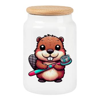 Beaver - Cookie Jar with Wooden Lid - white - Front