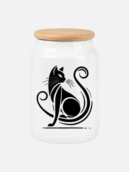Moderne schwarze Katze - Keksdose mit Holzdeckel - Weiß