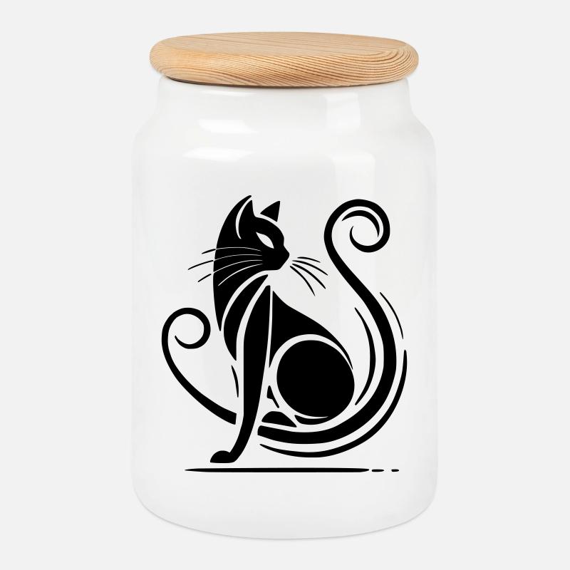 Moderne schwarze Katze - Keksdose mit Holzdeckel - Weiß