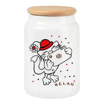 Cat celebrates carnival - Cookie Jar with Wooden Lid - white - Front