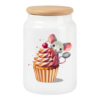 Souris mignonne avec cupcake – design pour les gourmands - Boîte à biscuits avec couvercle en bois - blanc - Devant