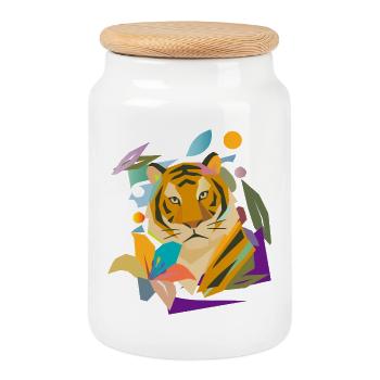 Tiger mit Blüte – Kraftvolles Naturmotiv - Keksdose mit Holzdeckel - Weiß - Vorne