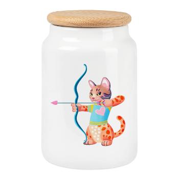 Chat Archer Coeur Bleu - Boîte à biscuits avec couvercle en bois - blanc - Devant