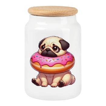 Cute Pug Dog with Donut Snacking Dessert - Cookie Jar with Wooden Lid - white - Front