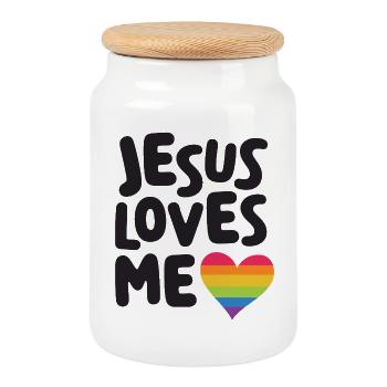 LGBTQ Pride Month - Jesus Loves Me - Cookie Jar with Wooden Lid - white - Front